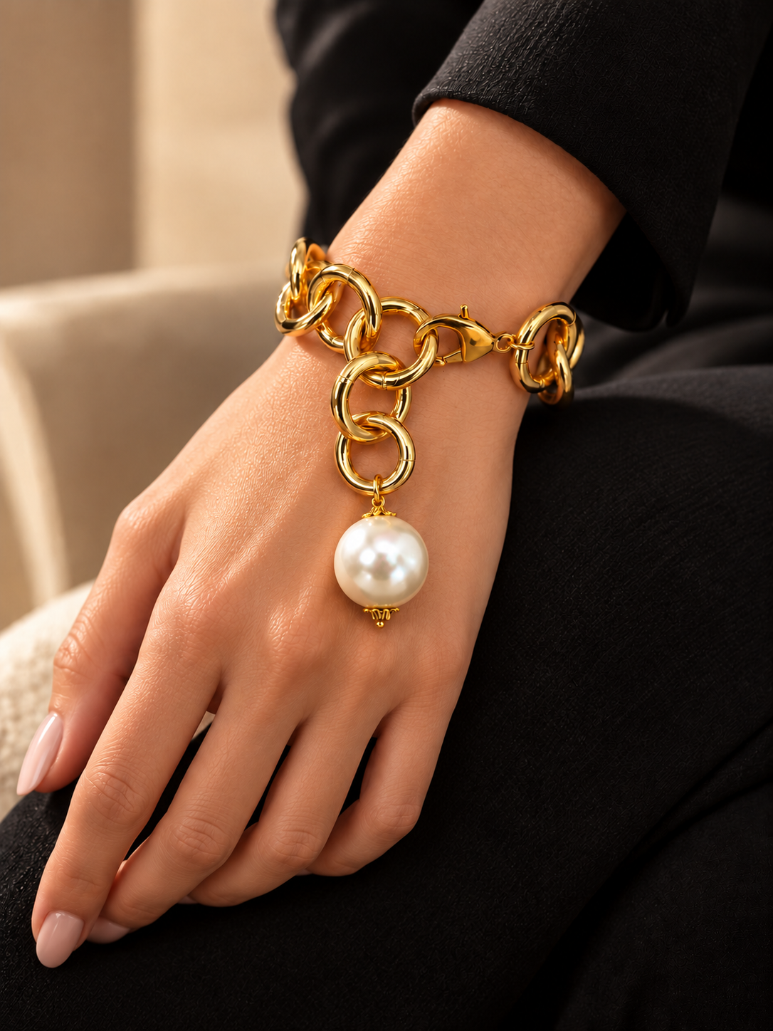 Bracciale Lola dorato con maxi perla pendente – Chicèchic